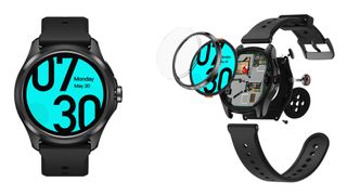 The TicWatch Pro 5 from the front and an exploded view showing the Snapdragon chip