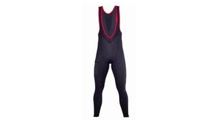 A pair of black and red bib tights on a white background