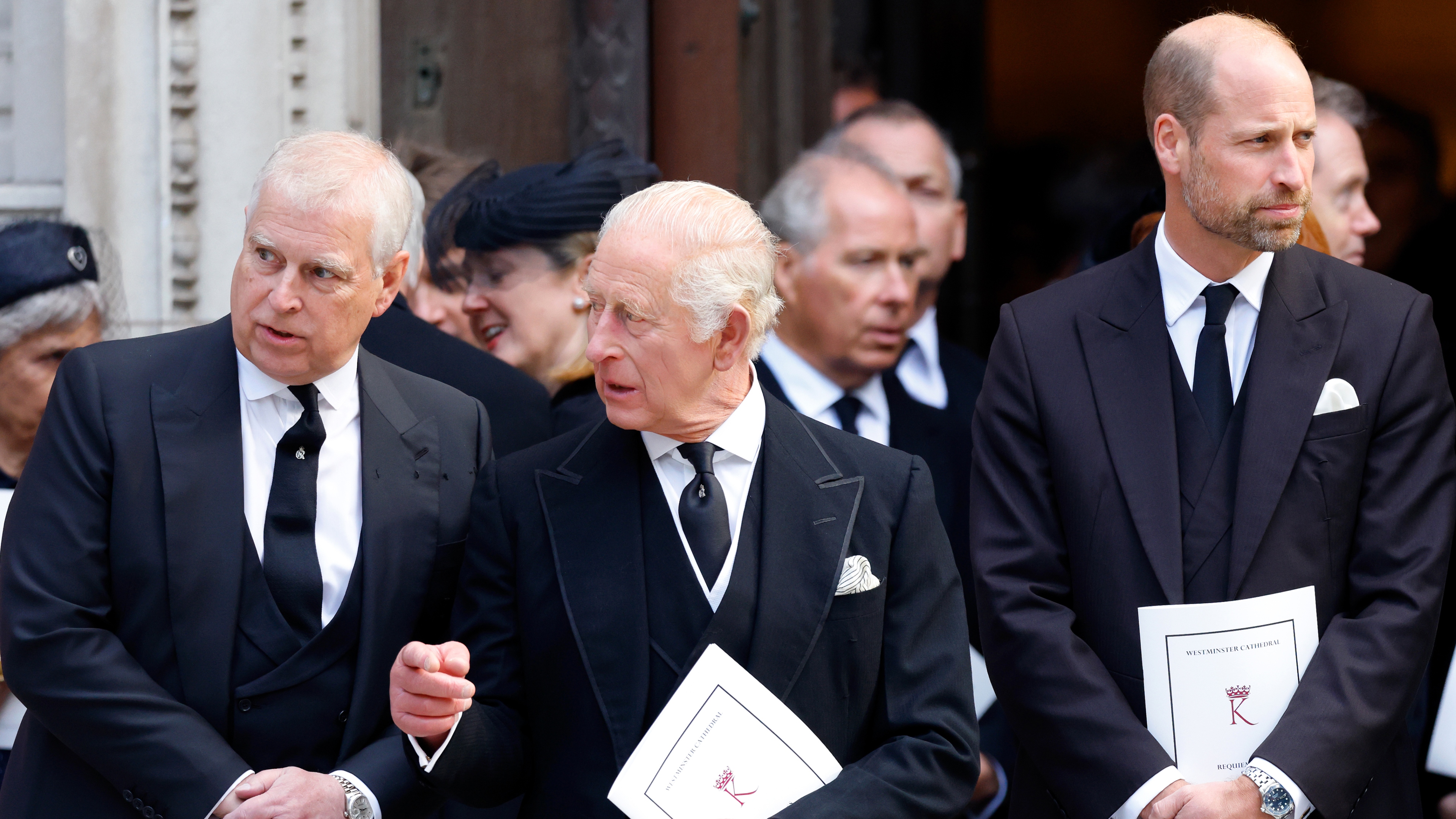 Prince Andrew, King Charles III and Prince William, Prince of Wales attend Katharine, Duchess of Kent&#039;s Requiem Mass service