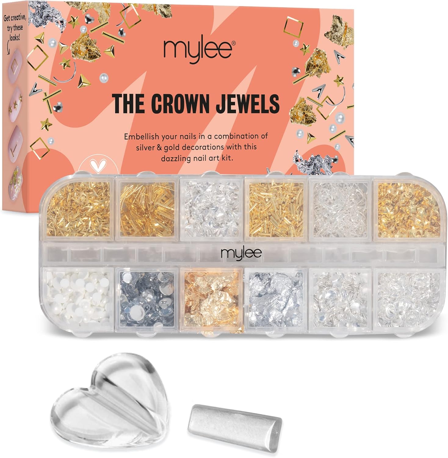 Mylee Crown Jewels Nail Art Kit, 12-Piece Set With Silver &amp;amp; Gold Decorations, Metal Rhinestones Studs, for Gel, Acrylic, &amp;amp; Natural Nails, Curving Tool, for Professional and Beginner Manicures