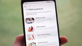 A list of Fitbit Premium features on a smartphone: Mindfulness tools, Wellness Report, Audio & Video Workouts, and Guided Programs.