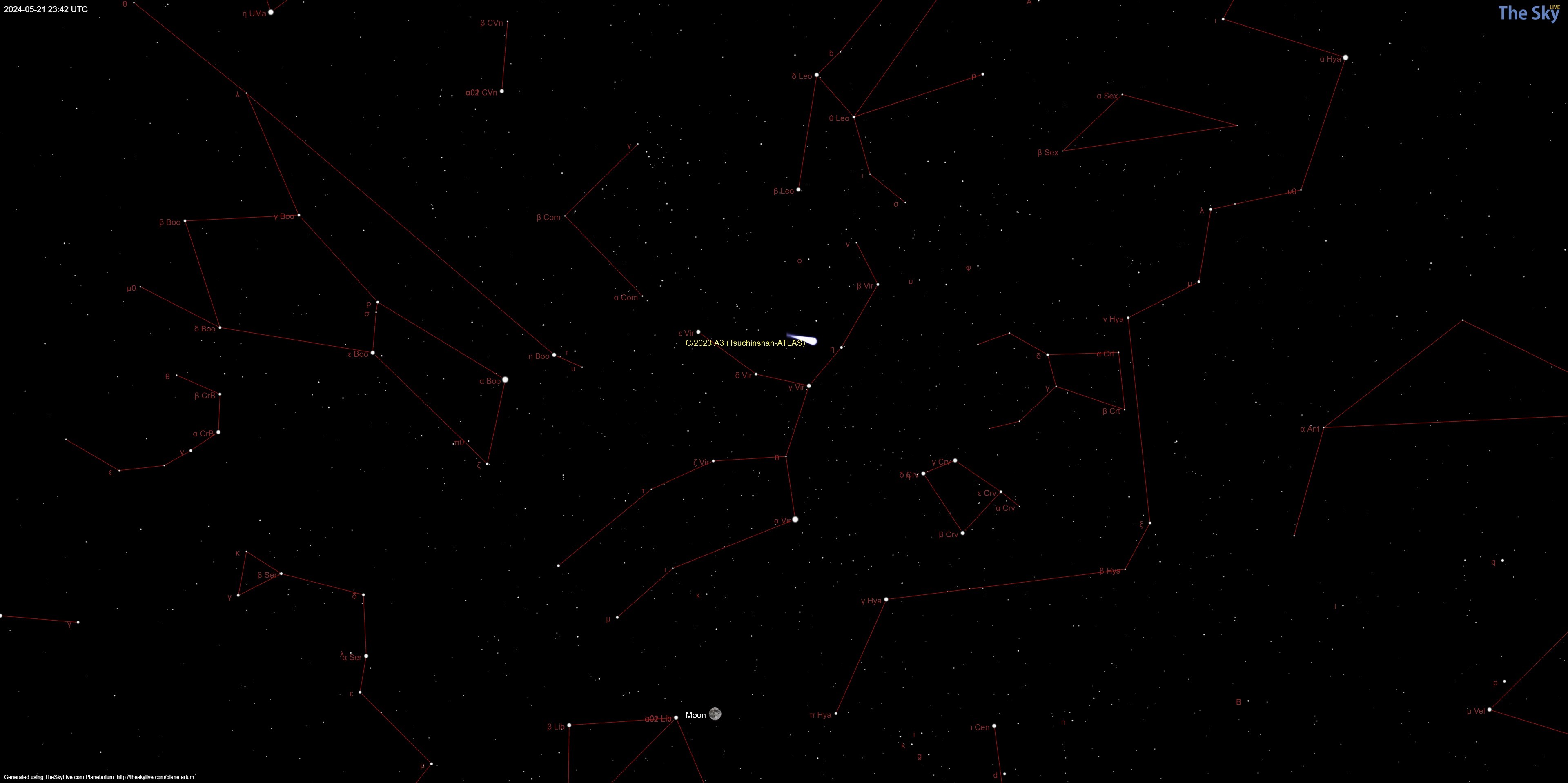 An illustration of the night sky on May 21, 2024 showing the position of comet C/2023 A3 (Tsunchinshan-ATLAS) in the Virgo constellation.