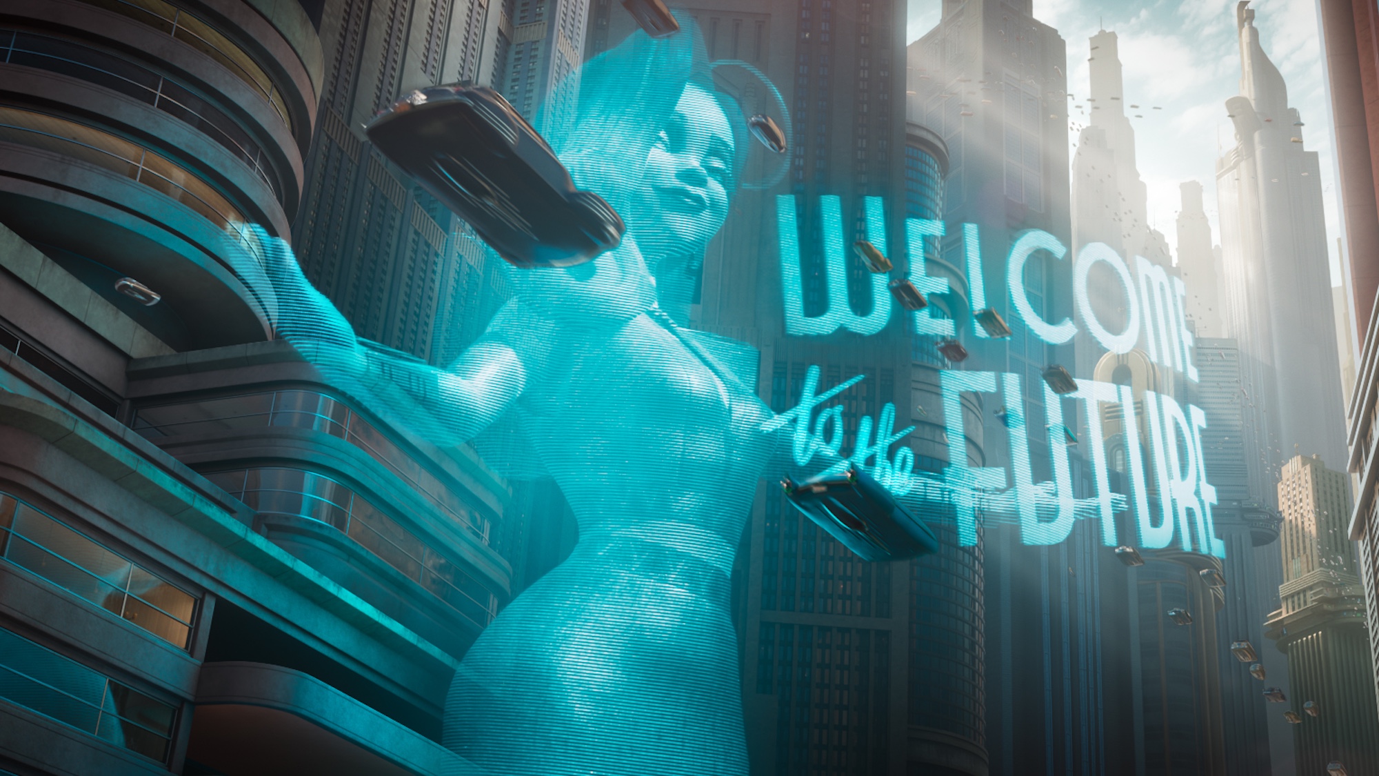 hologram of woman and the words "Welcome to the Future" in Ray Gunn