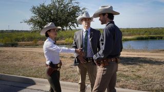 Three Texas Rangers wear ostentatious hats