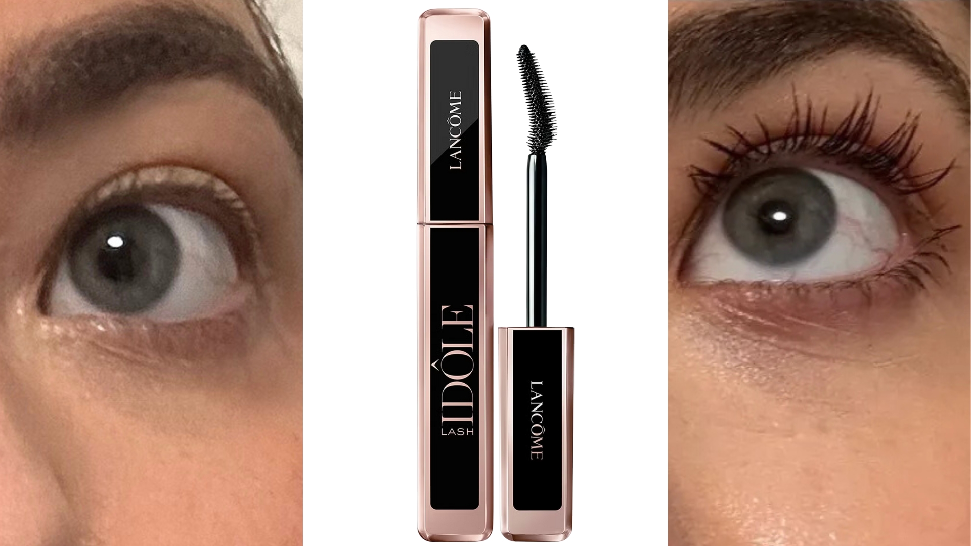 Before applying the mascara on the left, the Lanco&amp;#770;me Lash Ido&amp;#770;le Mascara in the middle and after applying the mascara on the right
