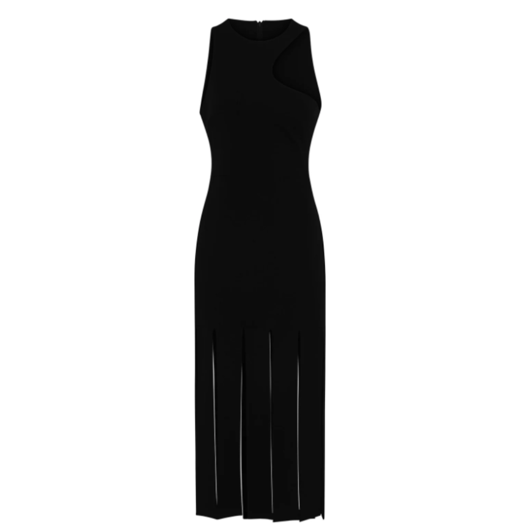 black high-neck midi dress with tassel hem detail