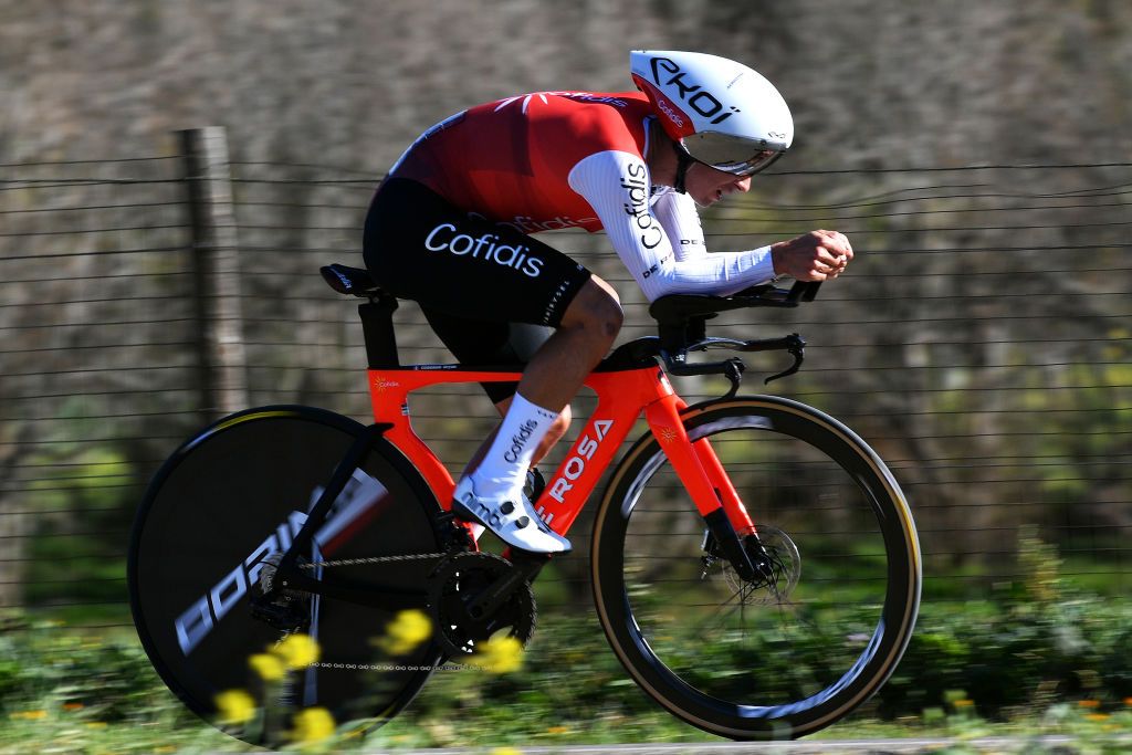 TAVIRA PORTUGAL FEBRUARY 19 Bryan Coquard of France and Team Cofidis sprints during the 48th Volta Ao Algarve 2022 Stage 4 a 322km individual time trial from Vila Real de Santo Antnio to Tavira VAlgarve2022 on February 19 2022 in Tavira Portugal Photo by Luc ClaessenGetty Images