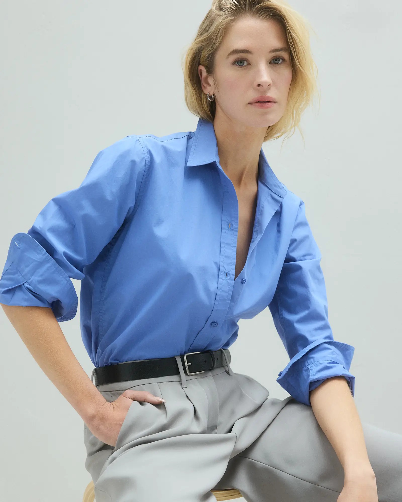 Quince, 100% Organic Cotton Poplin Long Sleeve Shirt in True Blue