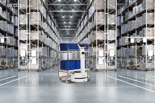 A warehouse with an LG robot.