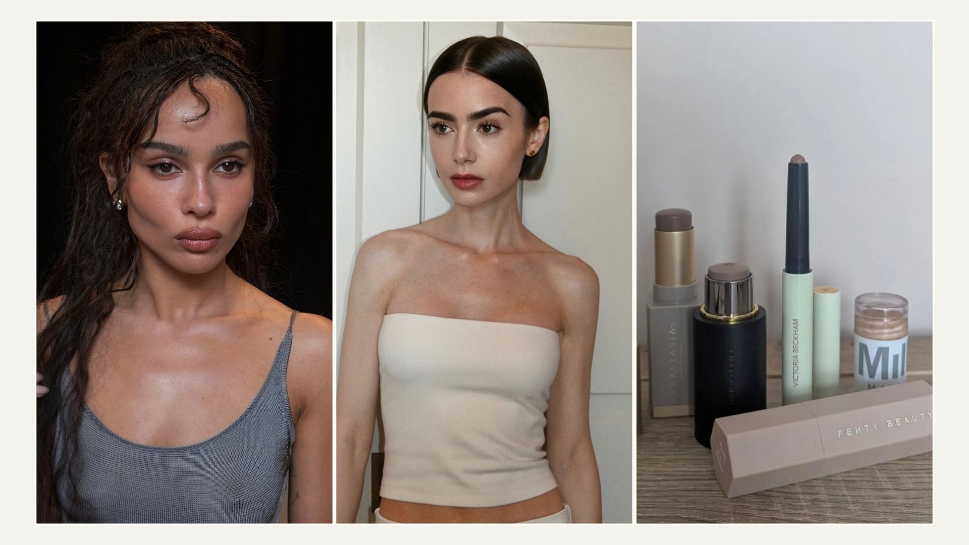 A picture of the best contour sticks, next to two pictures of Zo&euml; Kravitz and Lily Collins with contoured makeup looks
