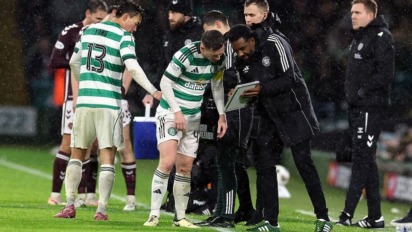 Callum McGregor of Celtic and Celtic manager Wilfried Nancy are seen during the Premier League match between Celtic and Heart of Midlothian at Celtic Park on December 07, 2025 in Glasgow, Scotland. 