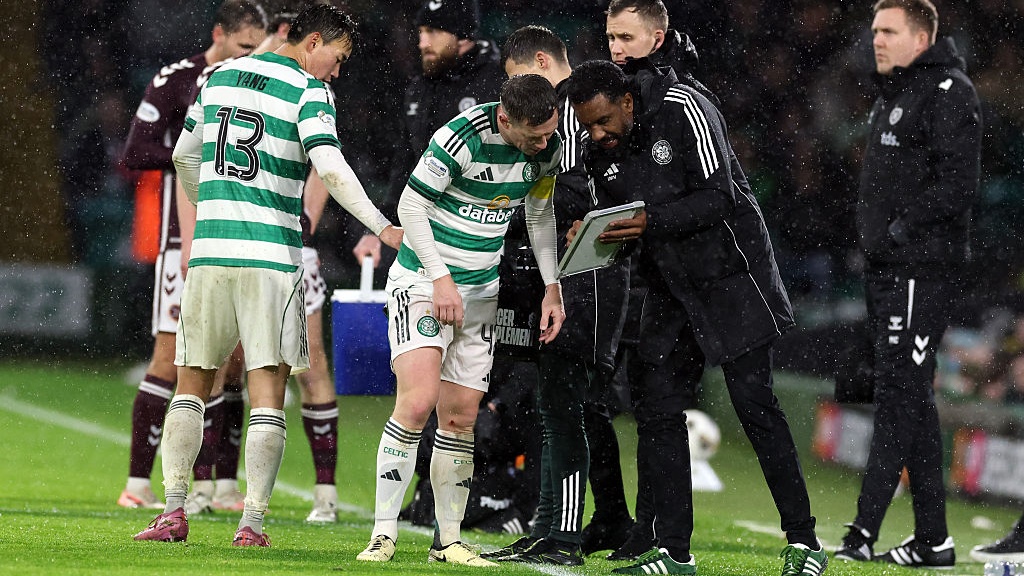 Callum McGregor of Celtic and Celtic manager Wilfried Nancy are seen during the Premier League match between Celtic and Heart of Midlothian at Celtic Park on December 07, 2025 in Glasgow, Scotland. 