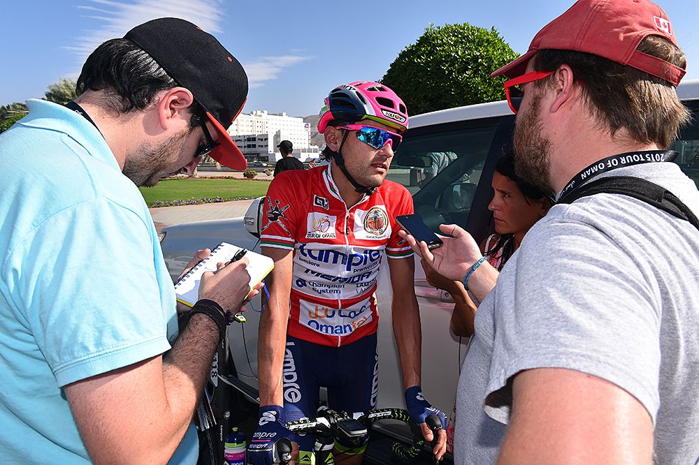Rafael Valls (Lampre-Merida) speaks with the press about the stage cancellation