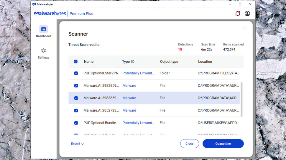 Malwarebytes Premium Plus scanning report