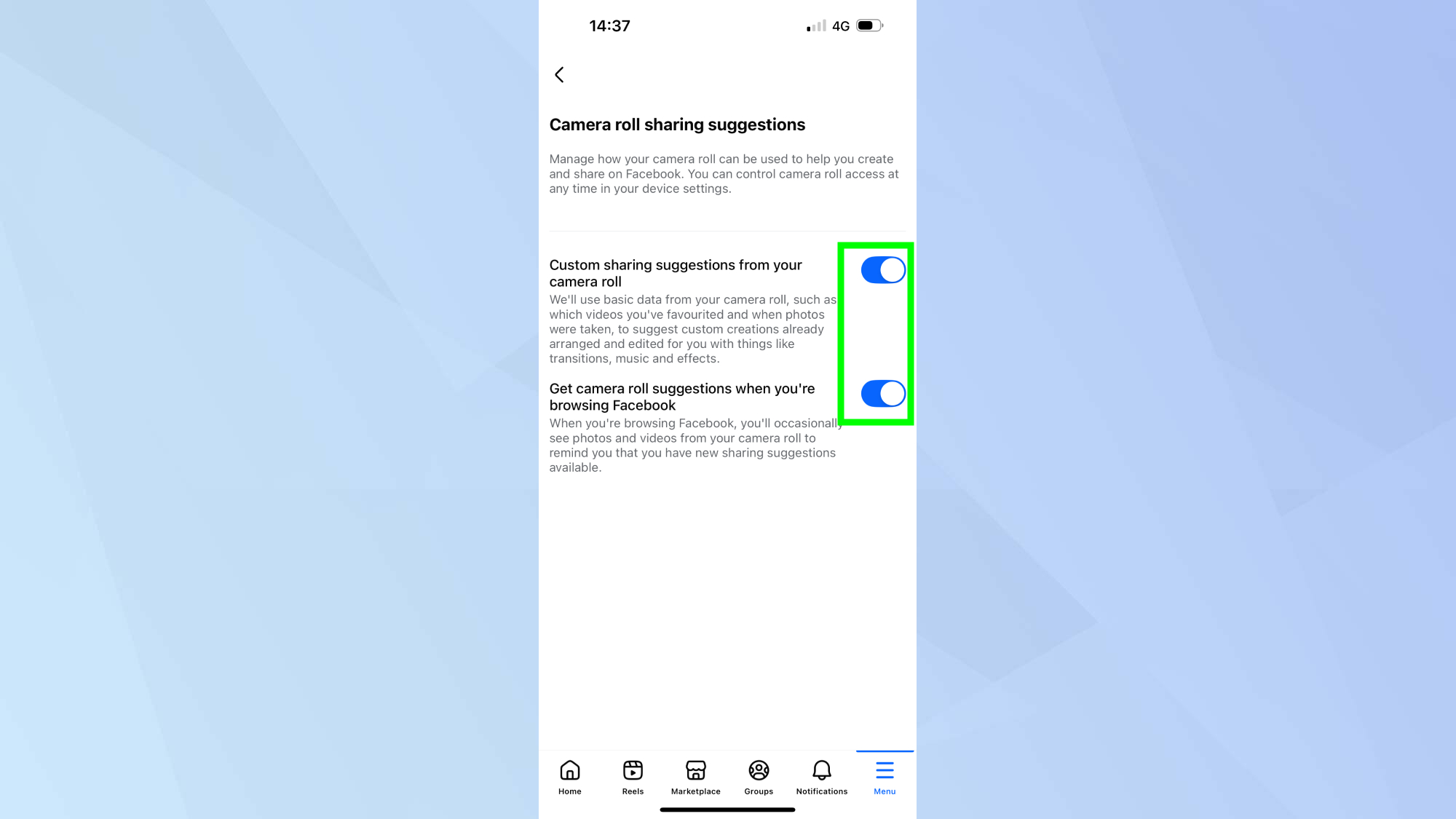 Meta/Facebook Camera roll sharing suggestions toggle