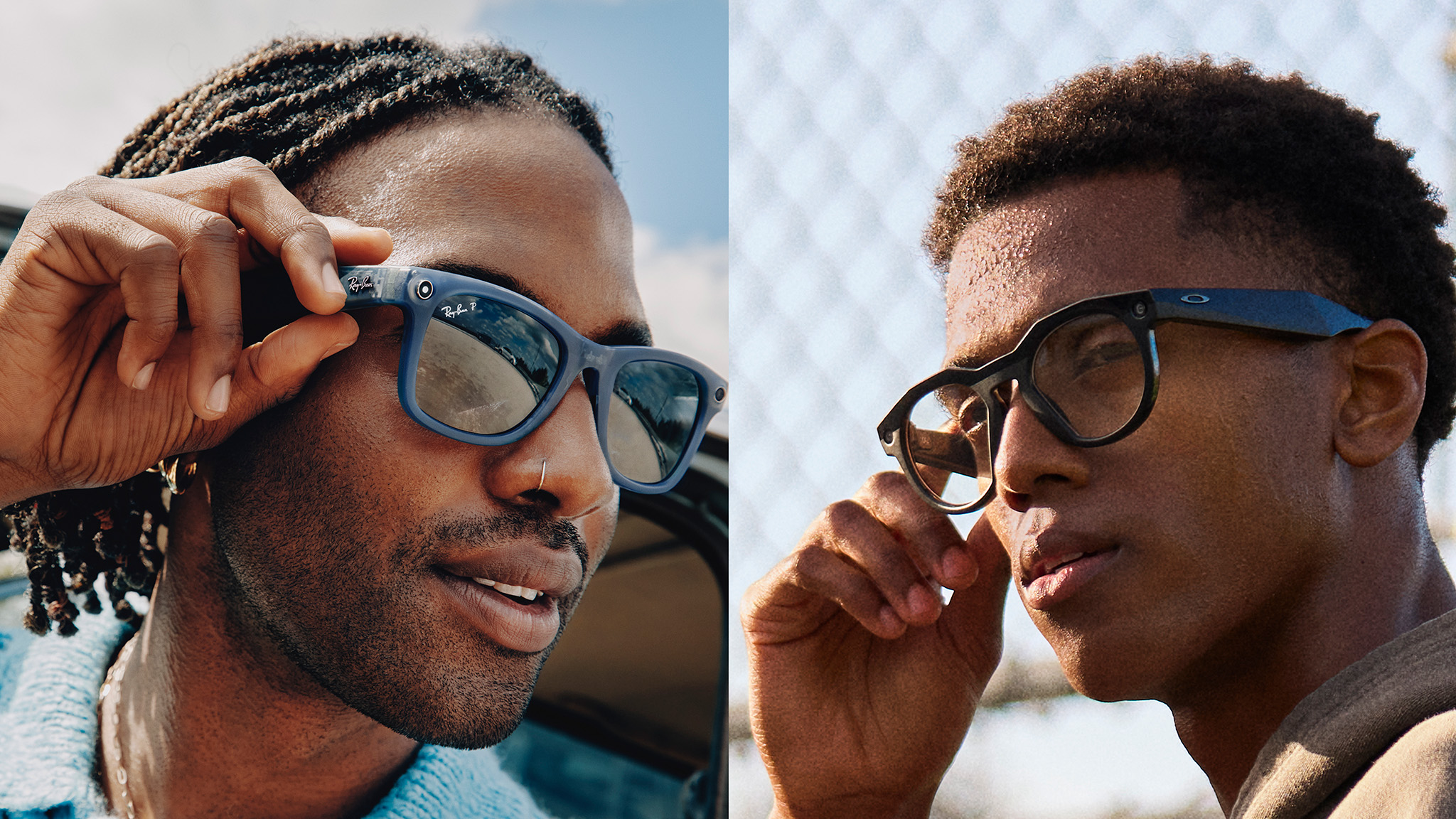 Side-by-side lifestyle images of one man wearing Ray-Ban Meta Smart Glasses and another man wearing Oakley Meta HSTN