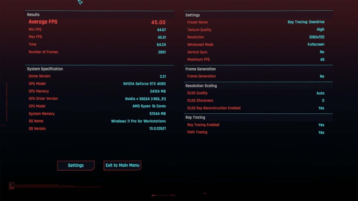 Cyberpunk 2077 benchmark results after running Ray Tracing: Overdrive default graphics settings through NVIDIA GeForce Now on Geekom A6.