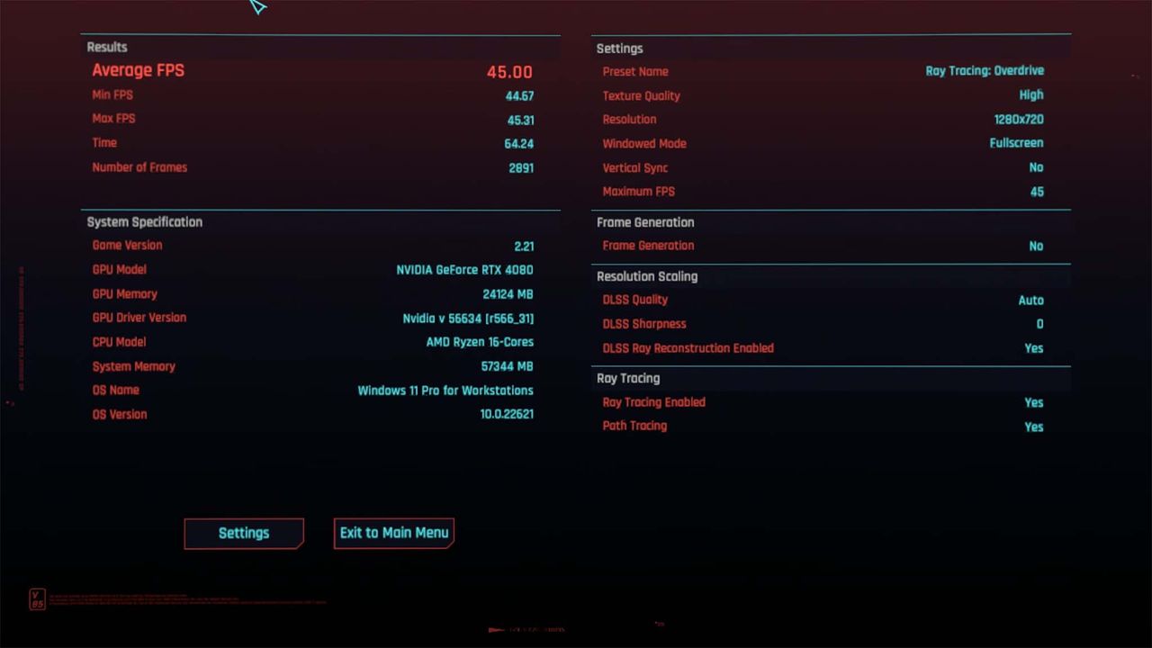 Cyberpunk 2077 benchmark results after running Ray Tracing: Overdrive default graphics settings through NVIDIA GeForce Now on Geekom A6.