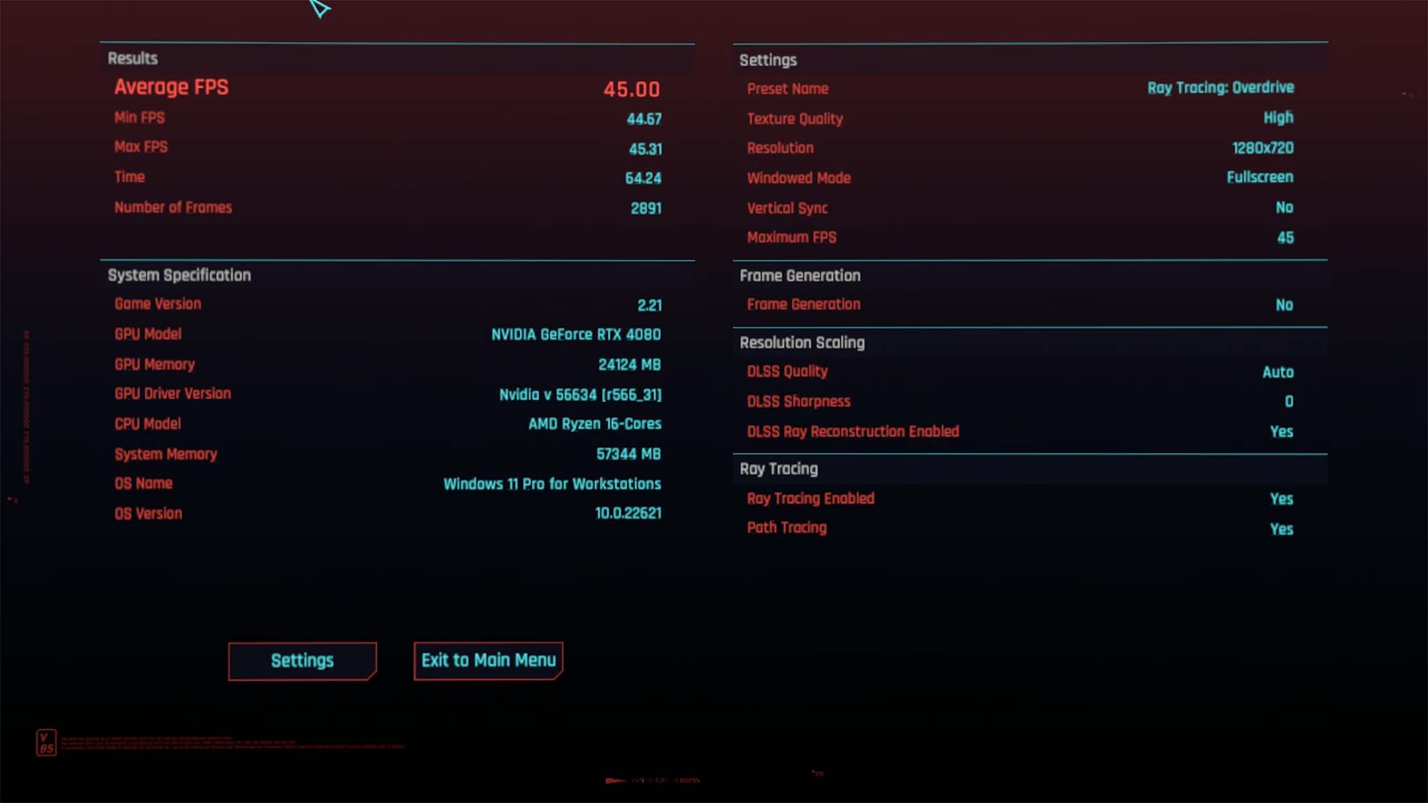 Cyberpunk 2077 benchmark results after running Ray Tracing: Overdrive default graphics settings through NVIDIA GeForce Now on Geekom A6. 