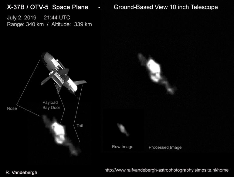 The U.S. Air Force&#039;s X-37B robotic space plane in orbit, as photographed by satellite tracker Ralf Vandebergh. 