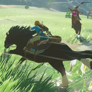 Horses being ridden in The Legend of Zelda: Breath of the Wild, one of the best Nintendo Switch games