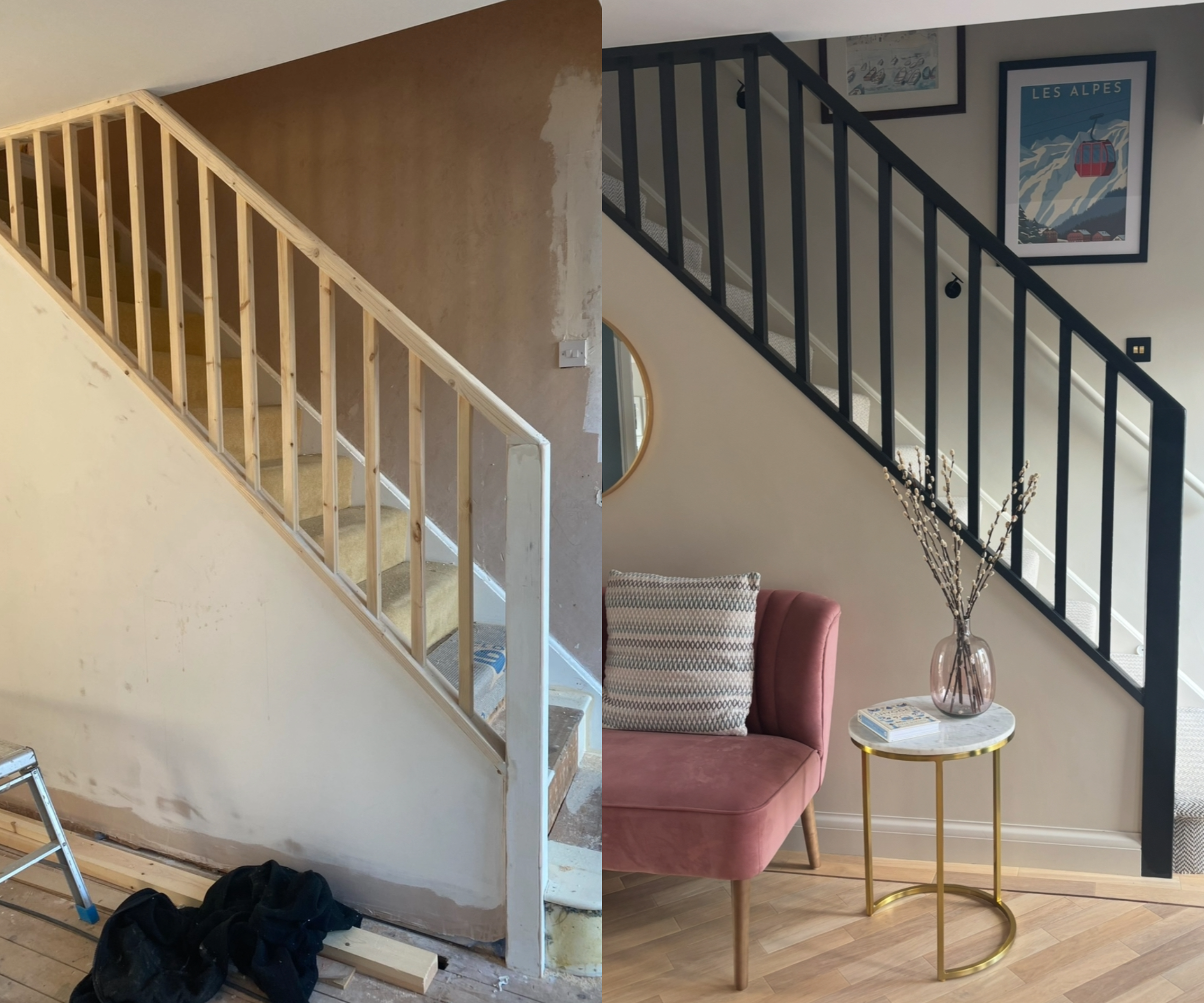 Laura's staircase before and after using the painting hack