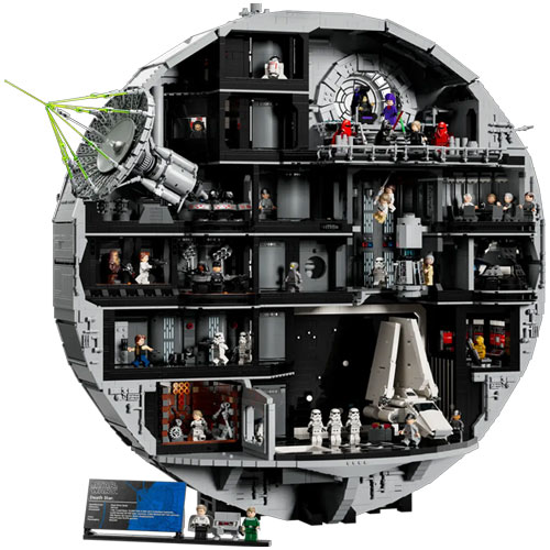 A look at a fictitious space station with several rooms and many characters placed inside, all in toy brick form, in front of a white background.