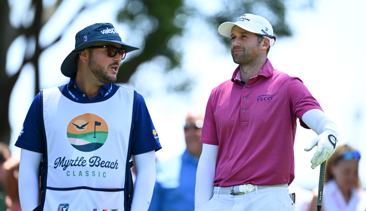 Ben Silverman chats to his caddie during the Myrtle Beach Classic