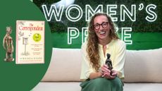 Women's Prize for Fiction Winner sitting on a sofa with her trophy next to an image of the winning book and trophy