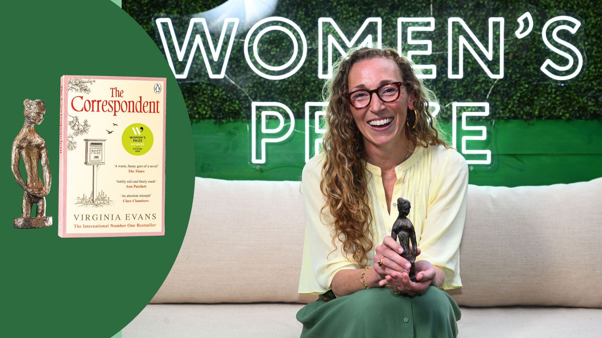 Women's Prize for Fiction Winner sitting on a sofa with her trophy next to an image of the winning book and trophy