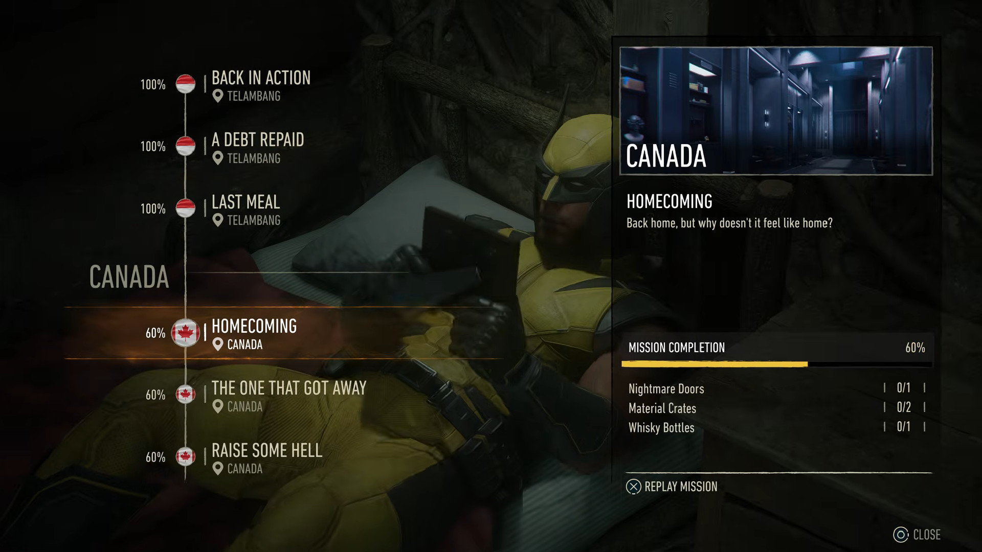 The level select screen in Marvel's Wolverine, with a recreation of the Wolverine Crush meme in the background