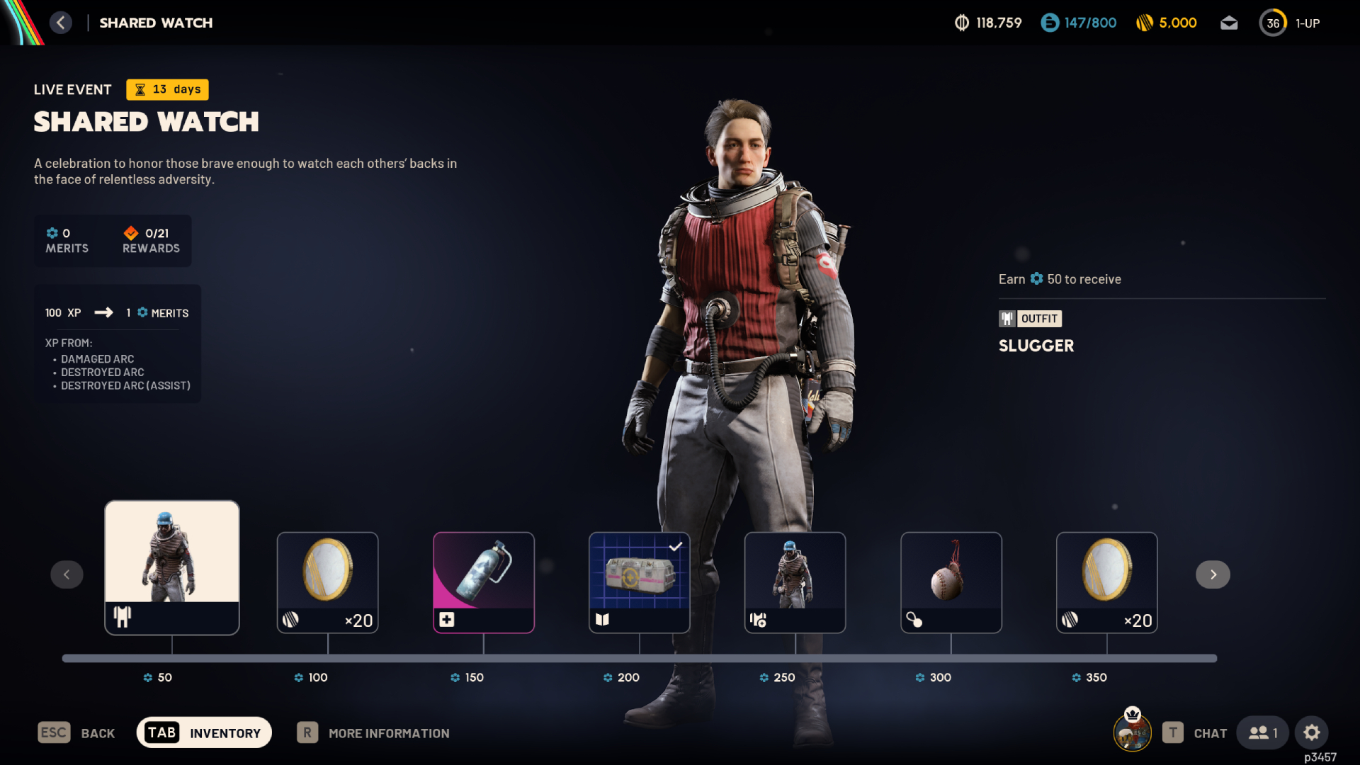 Arc Raiders Shared Watch: The Slugger outfit view in the Shared Watch event overview screen, showing the player's progression.