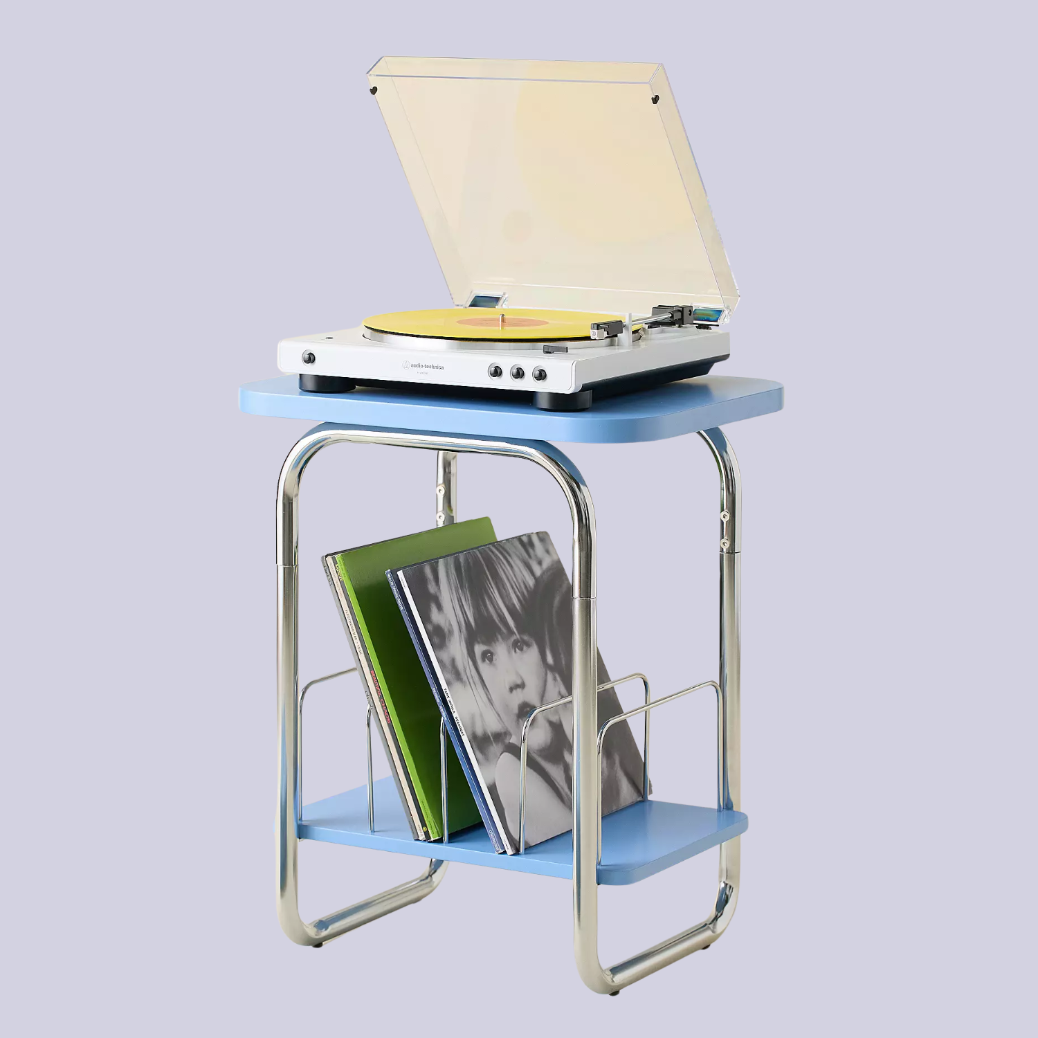 A blue and chrome vinyl storage table