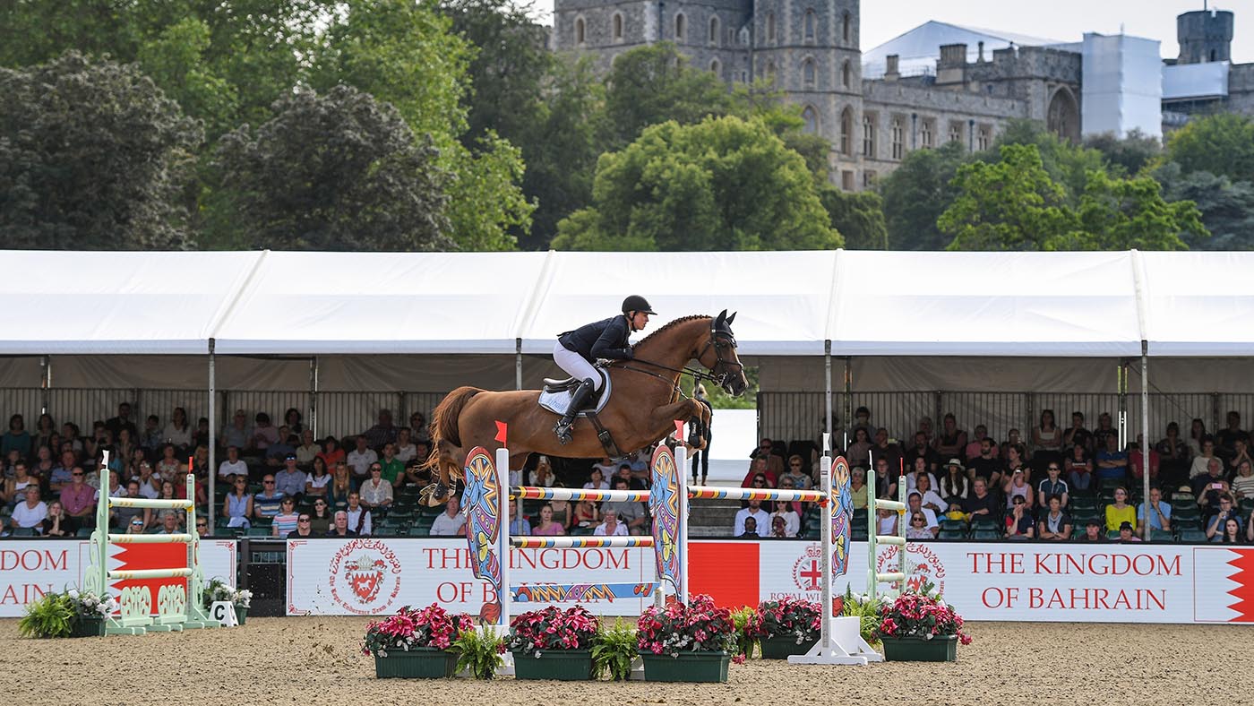 Holly Smith riding Fruselli, winners of the CSI5* Pearl Stakes during the Royal Windsor Horse Show, held in the grounds of Windsor Castle in Windsor in Berkshire in the UK between 1st - 4th July 2021