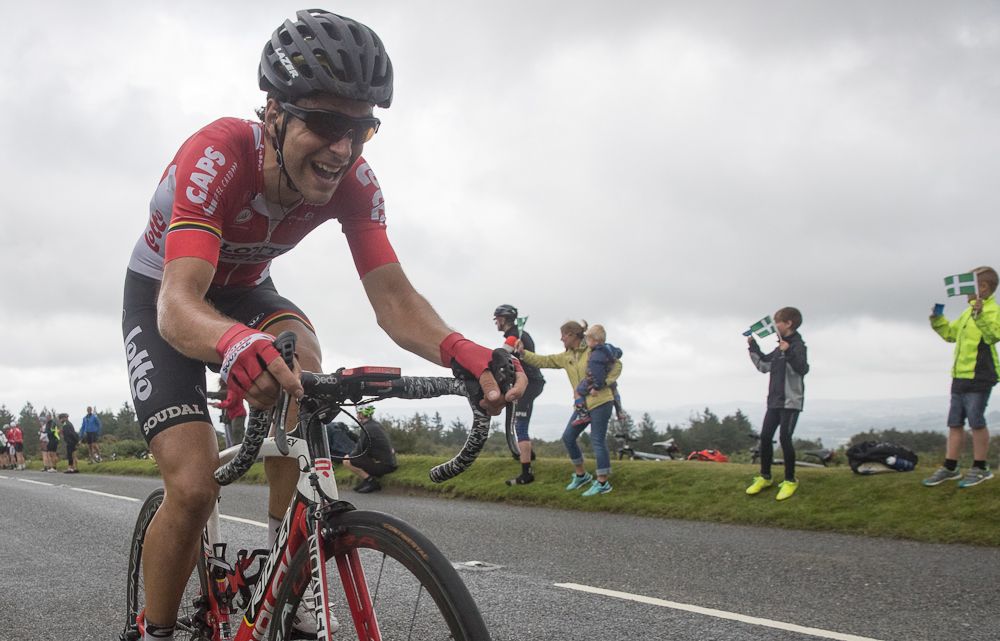 A lotto riders drives to the lie of stage 6 at the Tour of Britain