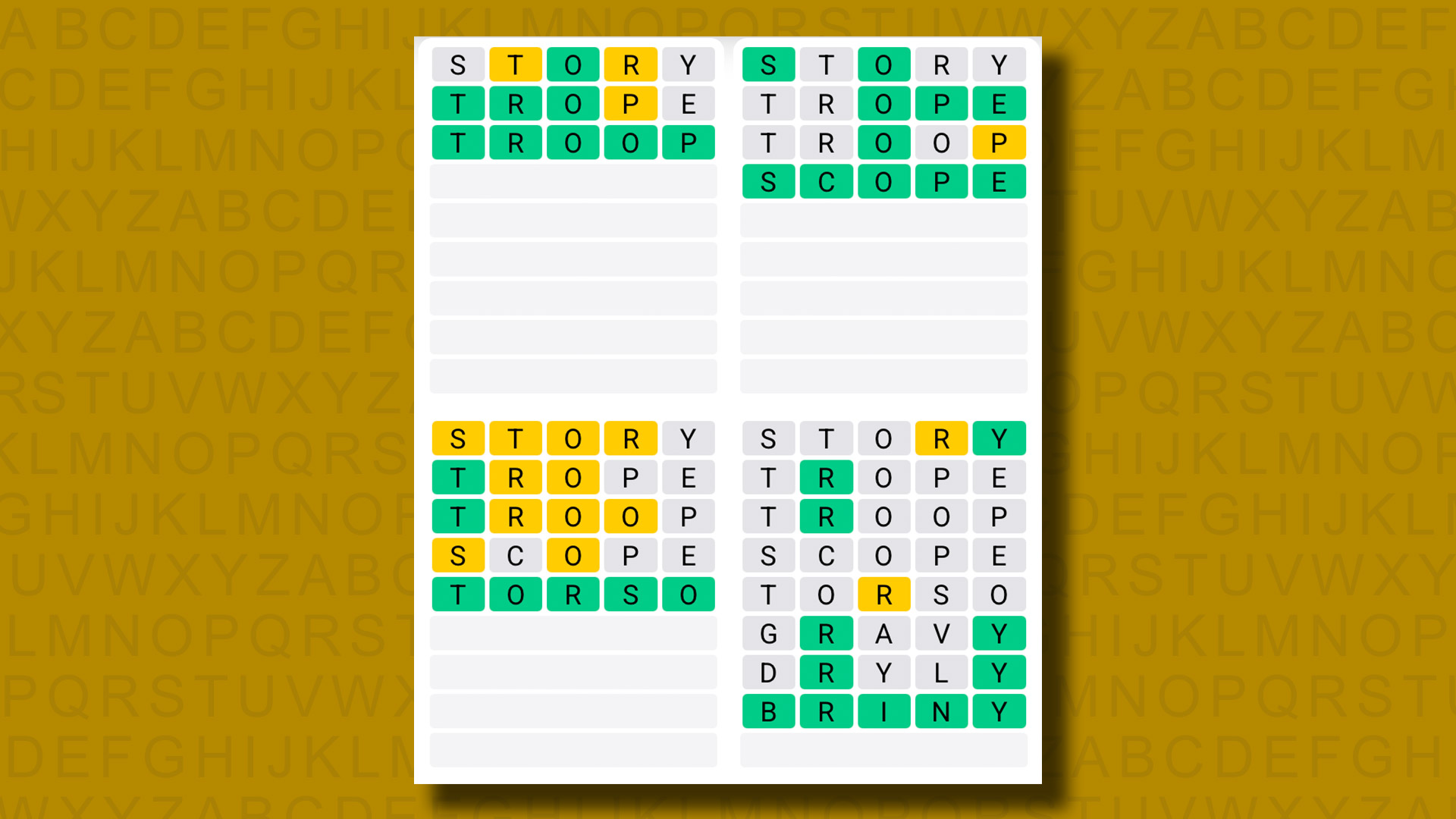 Quordle answers for game 1306 on a yellow background