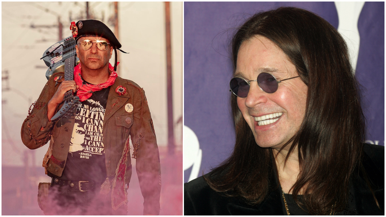 Tom Morello with his guitar next to a photo of Ozzy Osbourne smiling