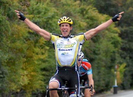 Paul Odlin celebrates victory in the Oceania elite men's road race near Queenstown today