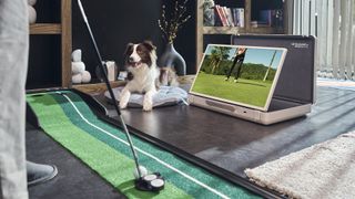 LG StanbyME Go next to dog and golf club
