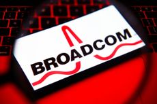 Broadcom logo on smartphone sitting on keyboard