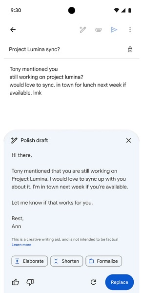 Gmail is receiving new voice features "help me write" and Gemini "polishing" Available to Workspace customers.