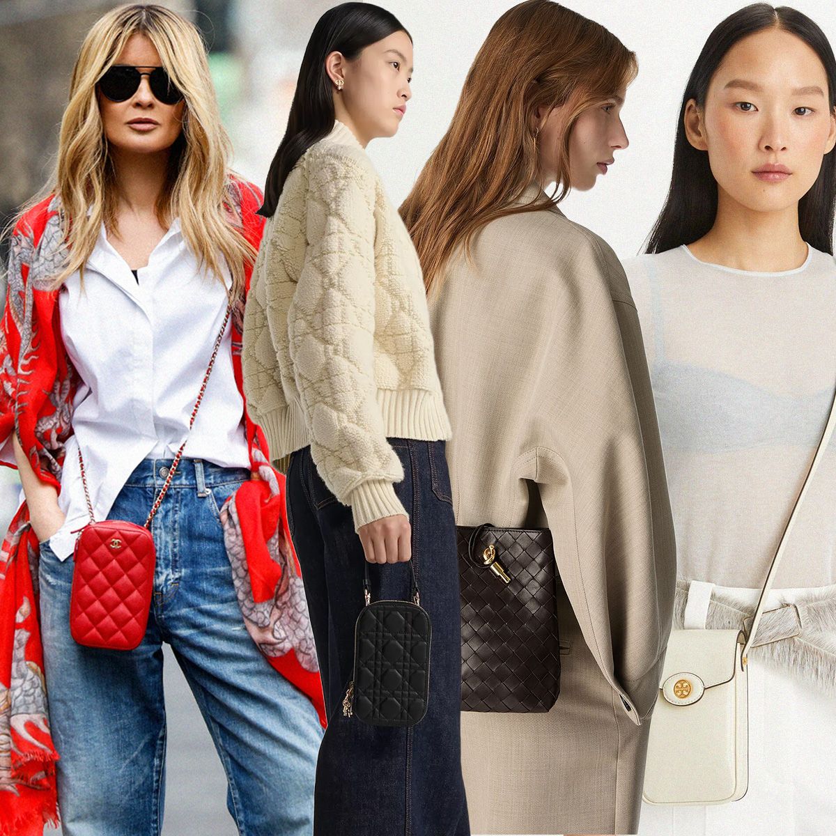 Photo of different women wearing crossbody cell phone purses.