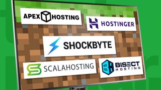 Best Minecraft server hosting providers: Hostinger, ScalaHosting, Apex Hosting, Shockbyte and BisectHosting logo on a desktop with the Minecraft game background