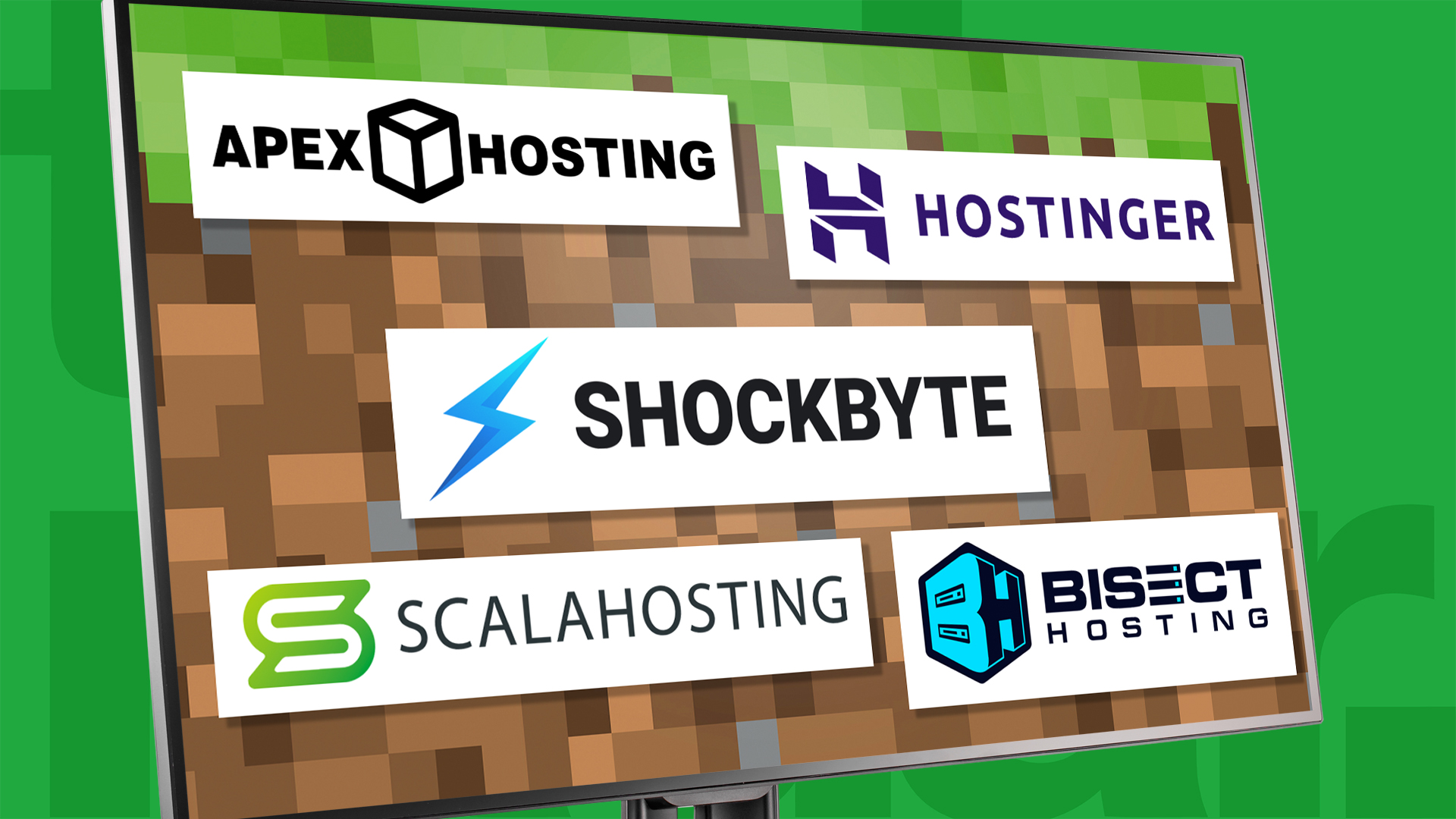 Best Minecraft Server Hosting Providers: Hostinger, ScalaHosting, Apex Hosting, Shockbyte and BisectHosting logo on desktop with Minecraft game background