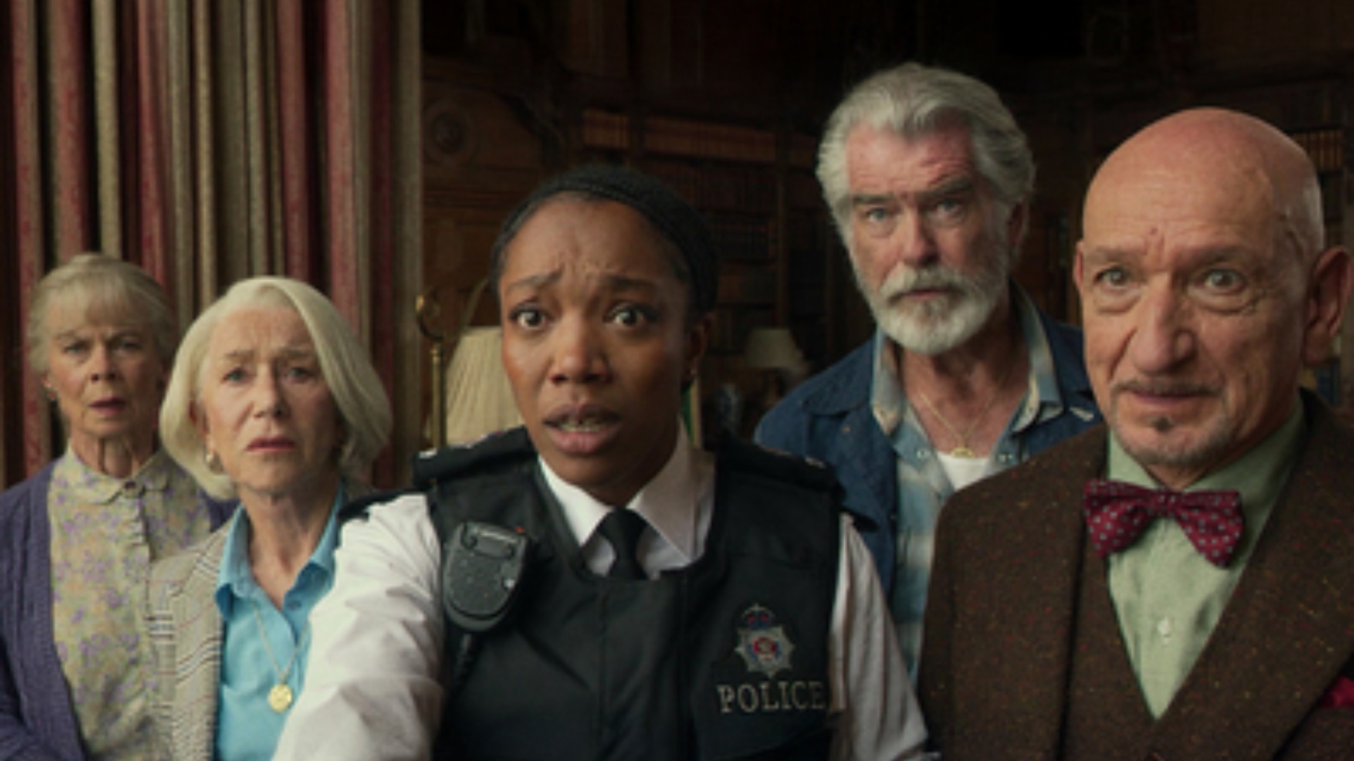 Helen Mirren, Pierce Brosnan, Sir Ben Kingsley, Celia Imrie, Naomi Ackie in The Thursday Murder Club