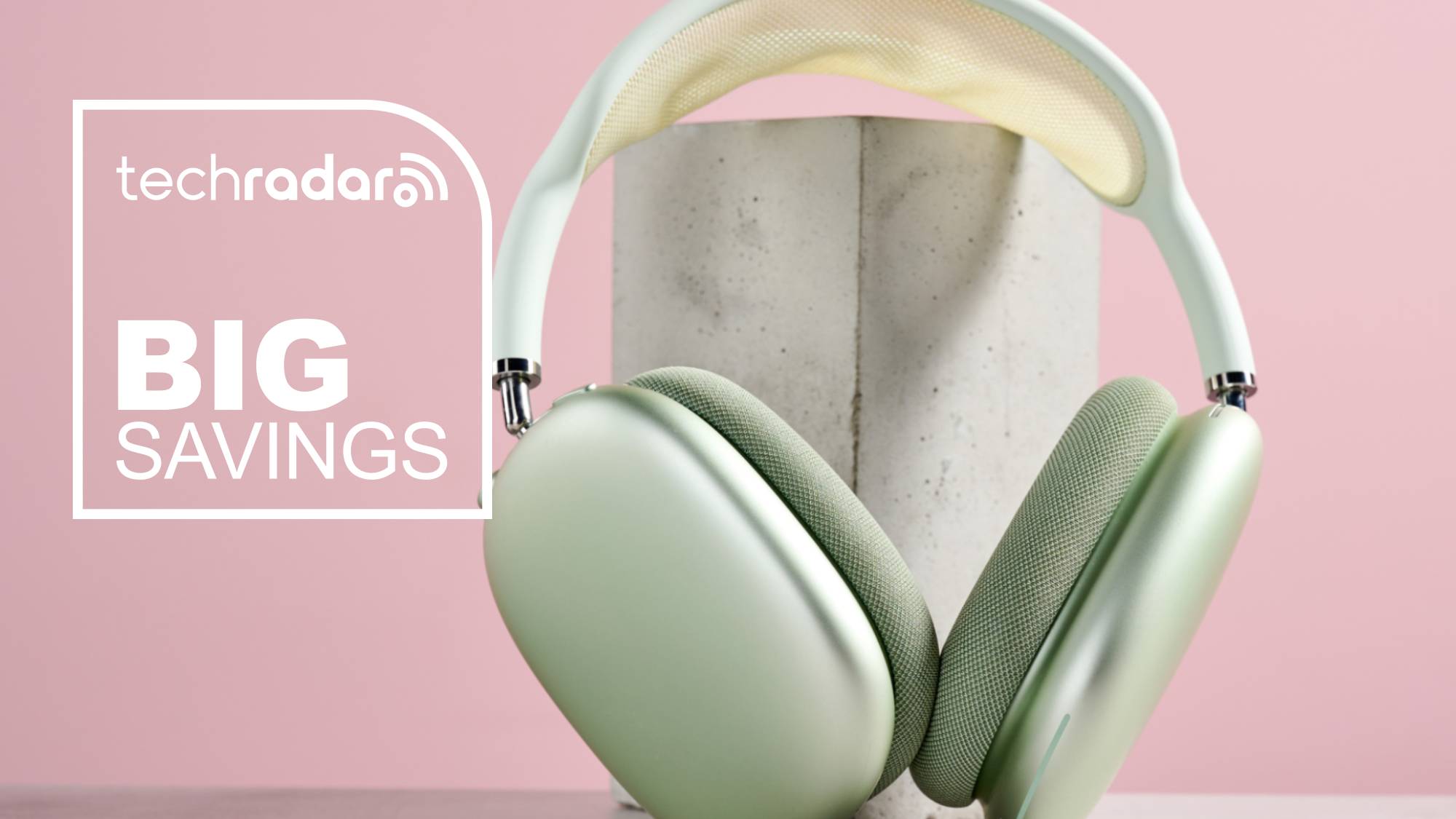 Apple AirPods Max on pink background with the words 'TechRadar: big savings'