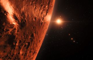 An artist's impression of the view from a planet in the TRAPPIST-1 system.