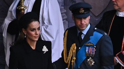 Prince William and Kate, Princess of Wales, arrive at the funeral of Queen Elizabeth II