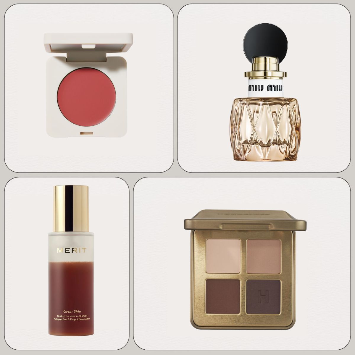 A graphic with Summer Fridays,Miu Miu, Merit and Hourglass products