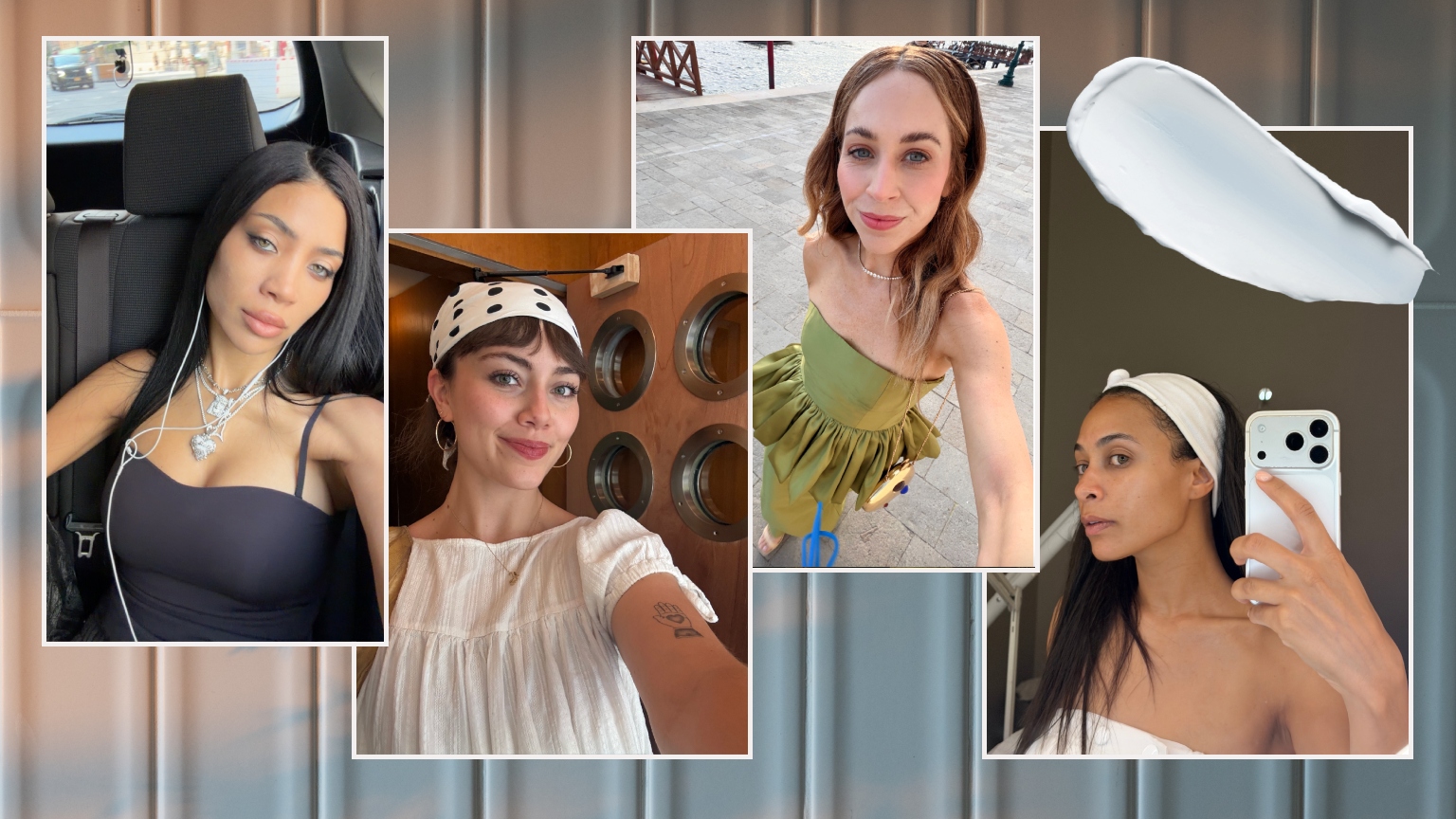 four women with glowing skin taking selfies on a white background, designed in a grid pattern